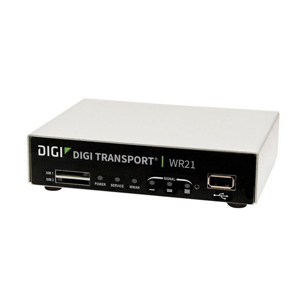 DIGI WR21 - 전면의 SIM 슬롯과 USB 포트, 표시등이 보이는 라우터