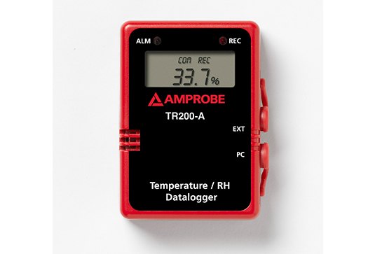 AMPROBE TR200-A - 습도가 표시된 붉은 케이스의 데이터로거 전면