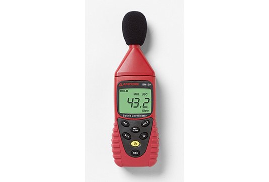 AMPROBE SM-20A - 마이크와 표시창, 버튼이 보이는 소음계 본체