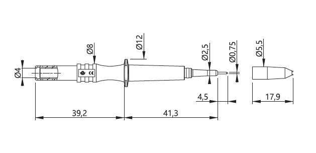ELECTRO-PJP 464-IEC - 스프링 장착 테스트 팁의 치수도