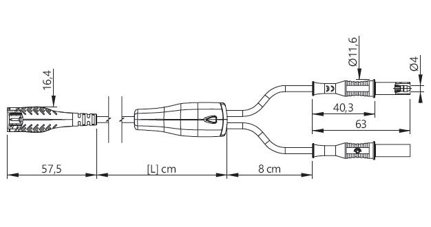 ELECTRO-PJP 7166IEC - BNC 플러그와 바나나 플러그 분기 케이블 치수도