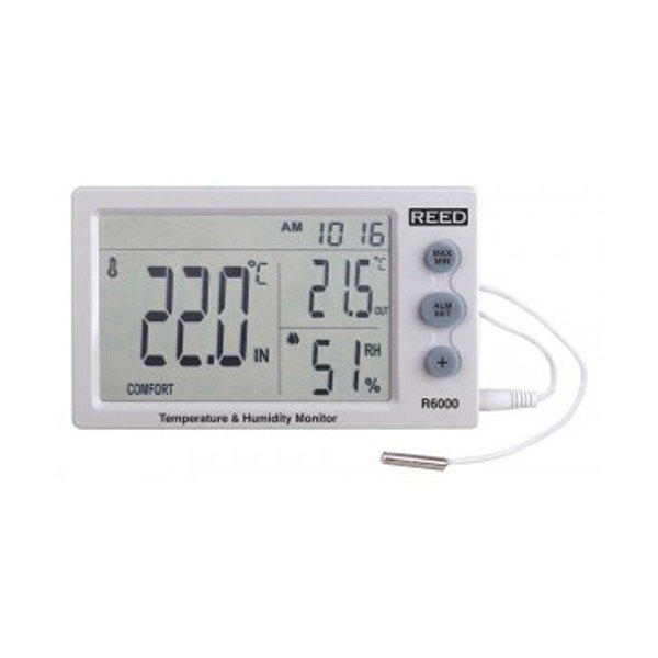 REED INSTRUMENTS R6000 - 온도와 습도가 표시된 본체와 외부 센서 선 모습