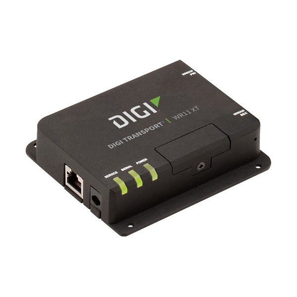 DIGI WR11 XT - 브래킷이 달린 소형 라우터의 이더넷 포트와 표시등