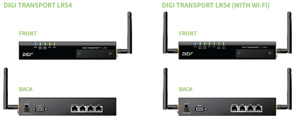 DIGI LR54 - LTE 라우터의 전면과 후면 단자부, Wi-Fi 모델 외형