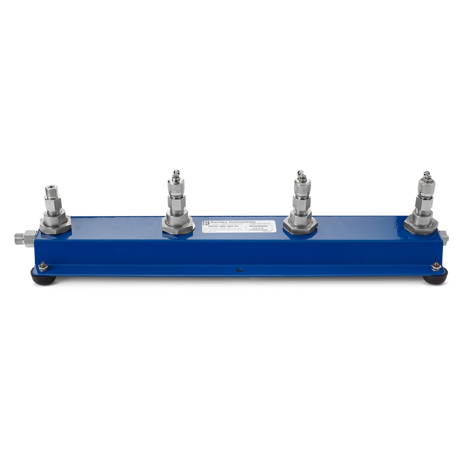 RALSTON INSTRUMENTS MF4S-QM-QM-PL - 네 개의 포트가 일렬로 배치된 벤치형 매니폴드 측면