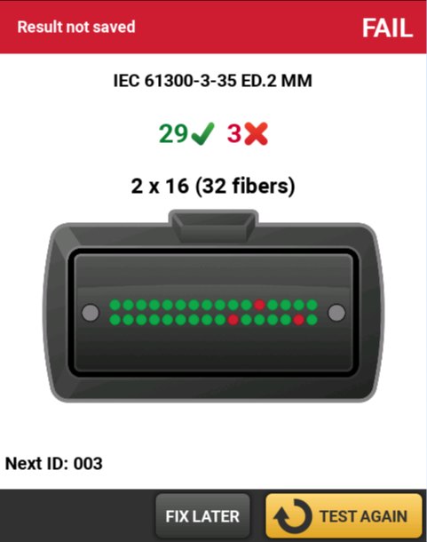 FLUKE NETWORKS FI-3000 - 검사 결과와 광섬유별 합격·불합격 표시 앱 화면