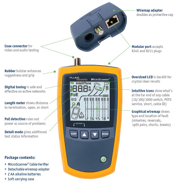 FLUKE NETWORKS MS2-100 / MS2-KIT / MS-POE / MS-POE-KIT - 동축 커넥터 어댑터가 있는 케이블 검사기와 주요 부위