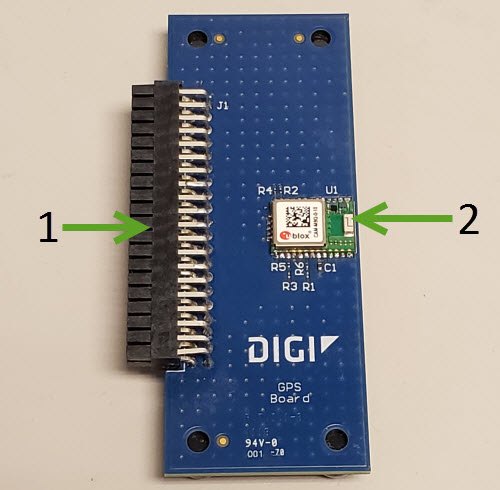 DIGI XBIB-C-GPS - GPS 확장 보드의 커넥터와 GPS 모듈 위치 표시