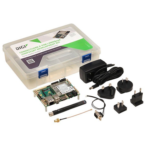 Digi ConnectCore® 6 SBC - 개발 보드와 어댑터, 안테나 등이 담긴 키트 구성품