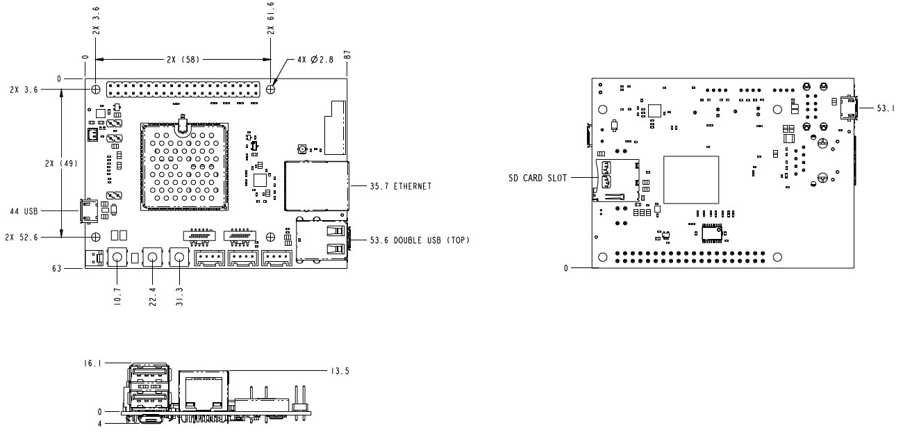 Digi ConnectCore® 6UL SBC Express - 보드의 치수와 부품 배치 도면