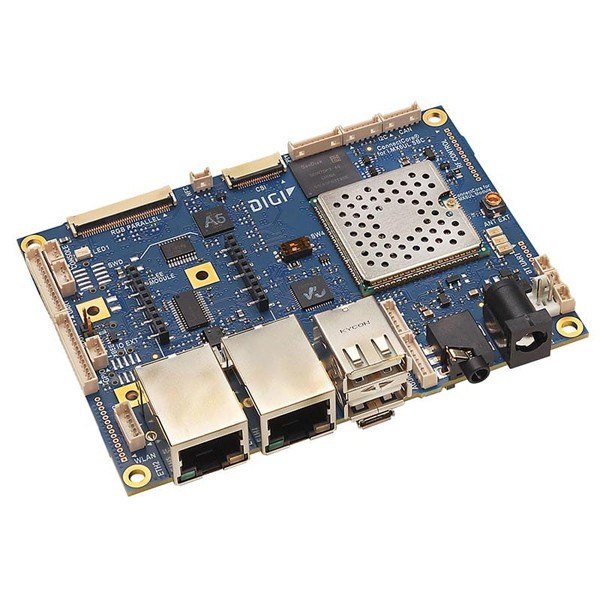 Digi ConnectCore® 6UL SBC Pro - 이더넷 포트와 방열 실드가 보이는 보드 비스듬한 모습