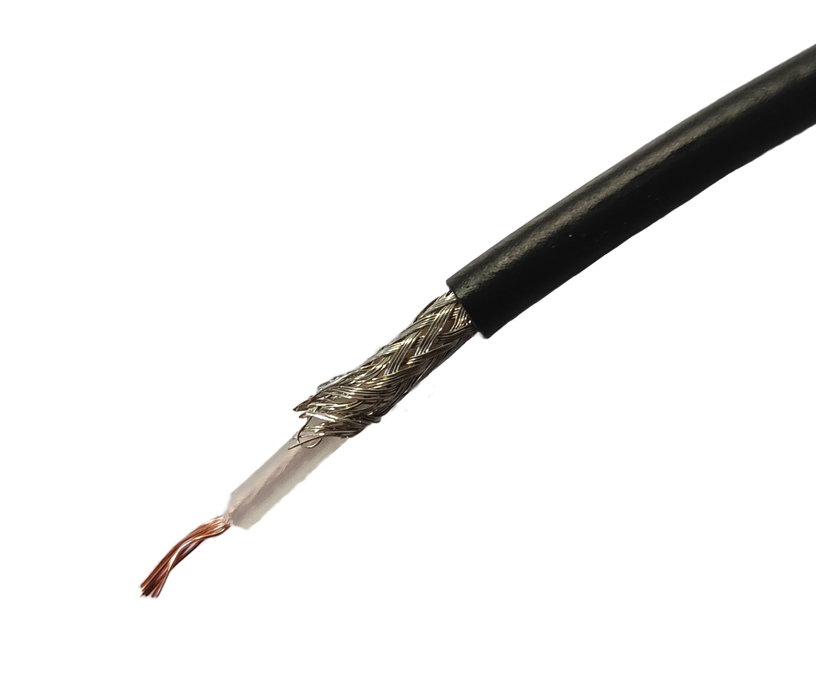 ELECTRO-PJP RG174-50Ω - 차폐층과 중심 도체가 드러난 검은색 동축 케이블