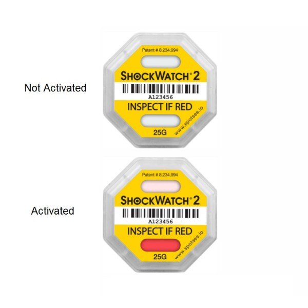 SpotSee ShockWatch2 - 작동 전과 작동 후 색상이 다른 충격 인디케이터