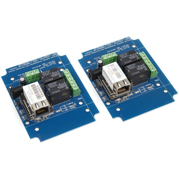 NCD MirXR2x_MXNET_KIT - 이더넷 포트와 2채널 릴레이가 보이는 파란색 기판