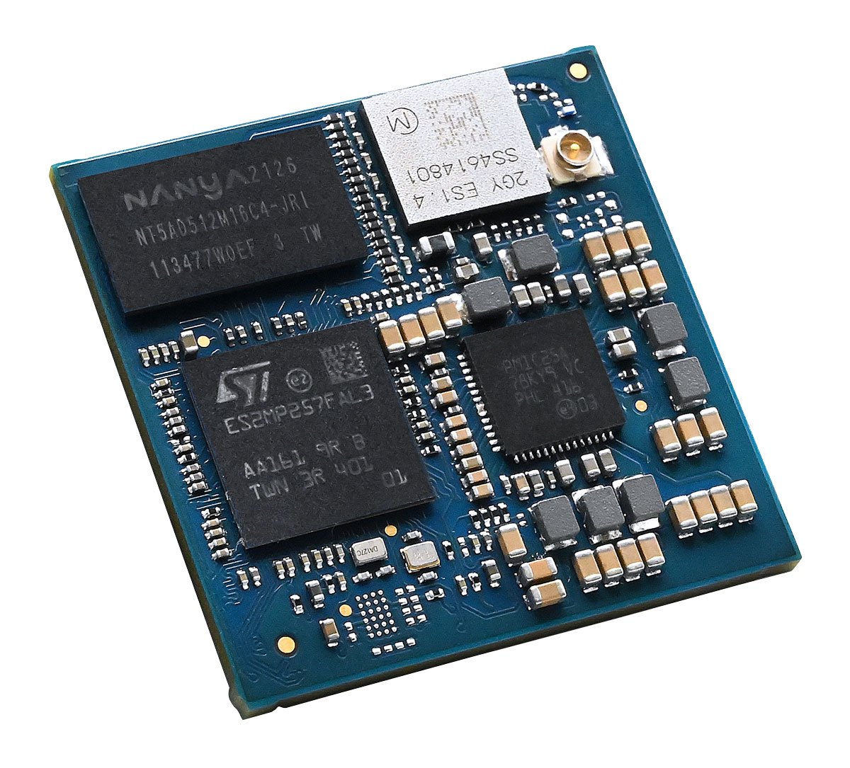 Digi ConnectCore MP2 SOM - 안테나 커넥터가 있는 SOM 모듈을 비스듬히 본 모습
