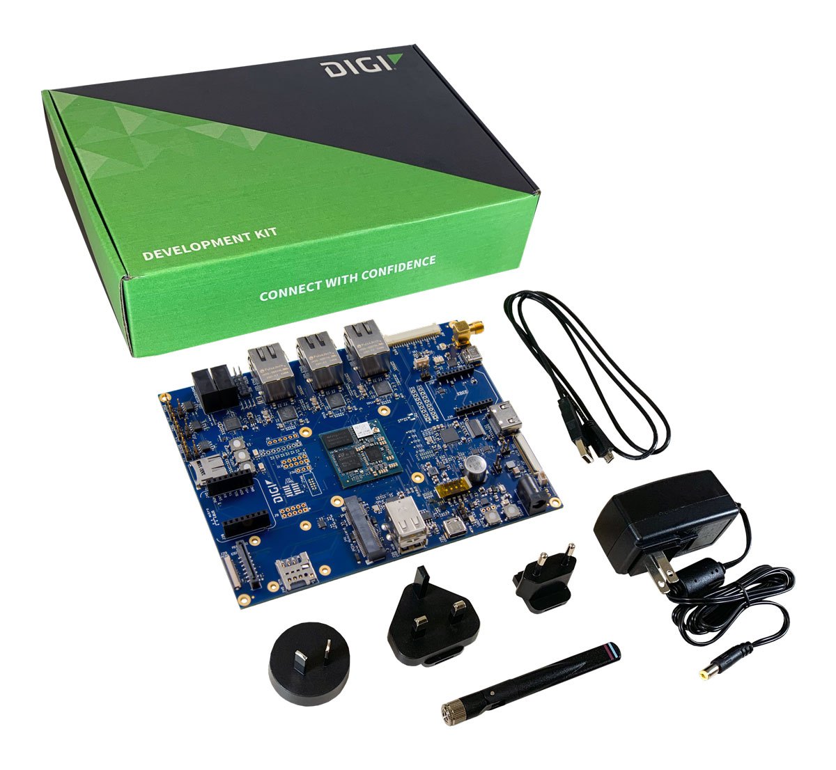 Digi ConnectCore MP2 SOM - 개발 키트 박스와 보드, 어댑터, 안테나 구성품