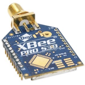 DIGI 800MHz 무선 모듈 - 파란색 기판과 안테나 커넥터가 보이는 무선 모듈 외형