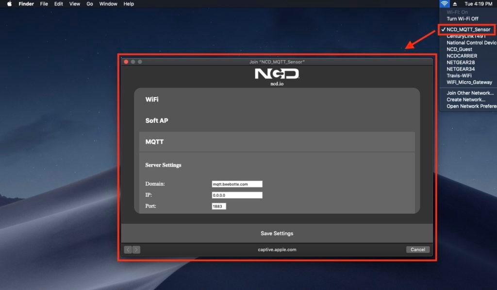NCD PR58-2_MQTT - 무선 센서 설정 화면과 서버 정보 입력창