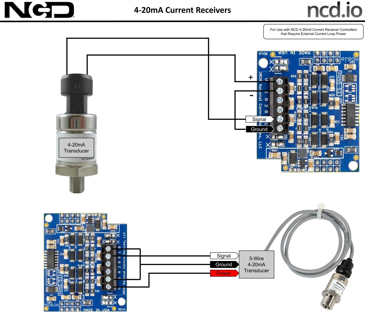 NCD PR55-47_2CR - 4-20mA 압력 트랜스듀서와 수신 기판의 배선 구성도