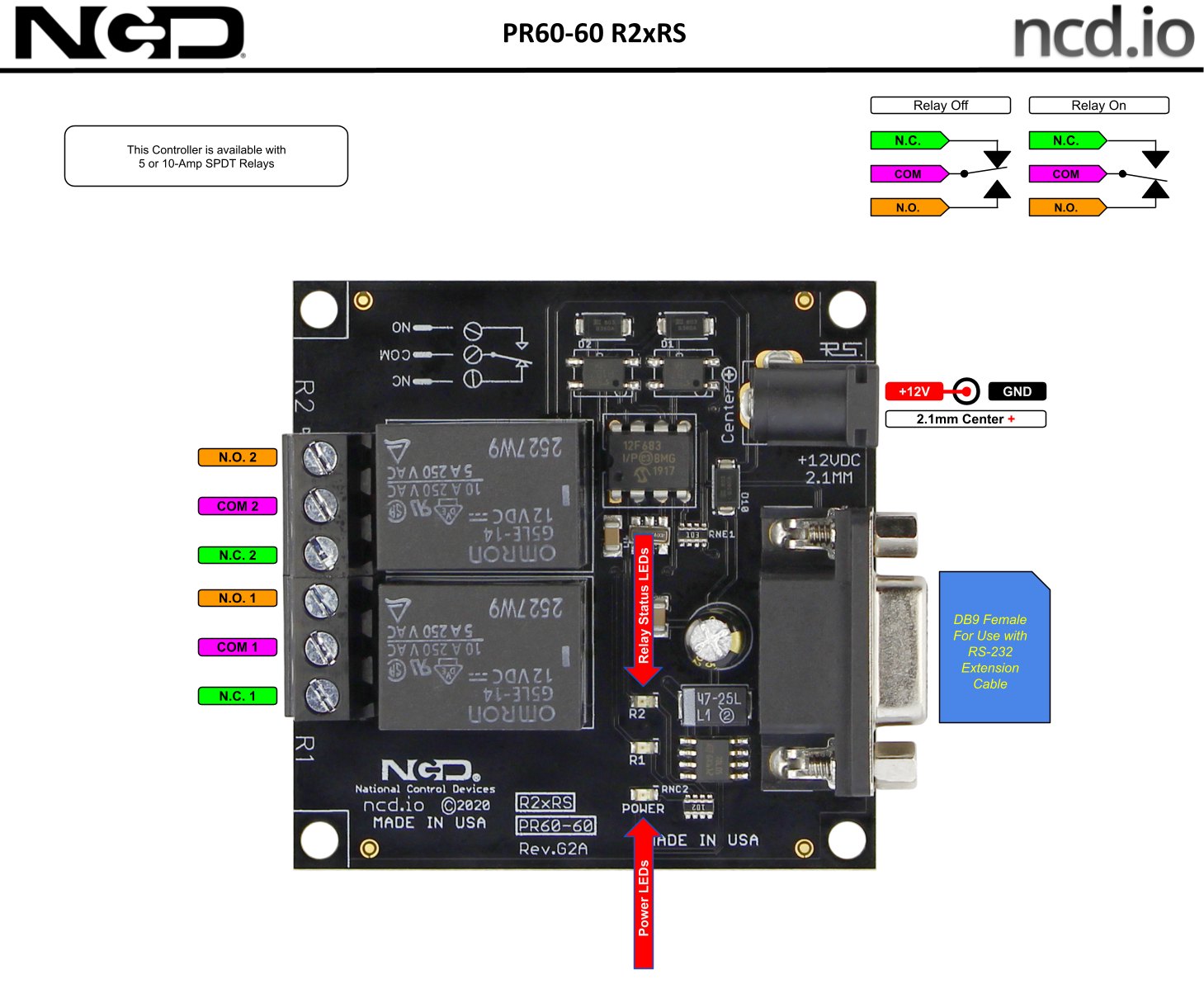 NCD 직렬 인터페이스가있는 RS-232 2 채널 SPDT 릴레이 컨트롤러 - 릴레이 보드의 단자와 연결 부위 설명도