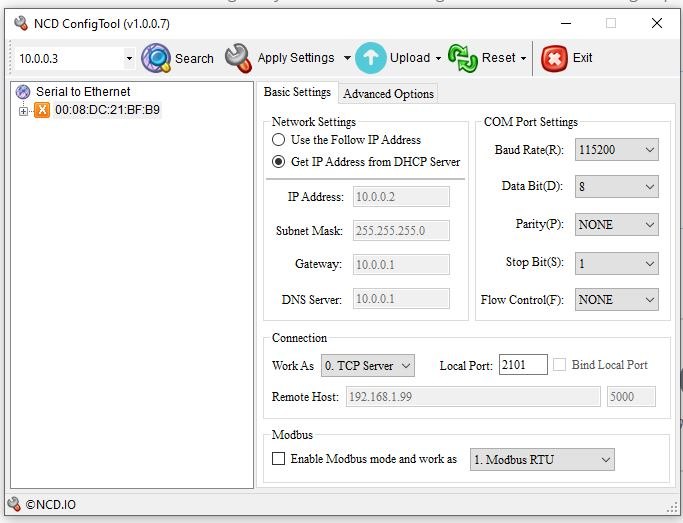 NCD5500 - 모듈 검색과 IP 주소 설정을 하는 PC 프로그램 화면