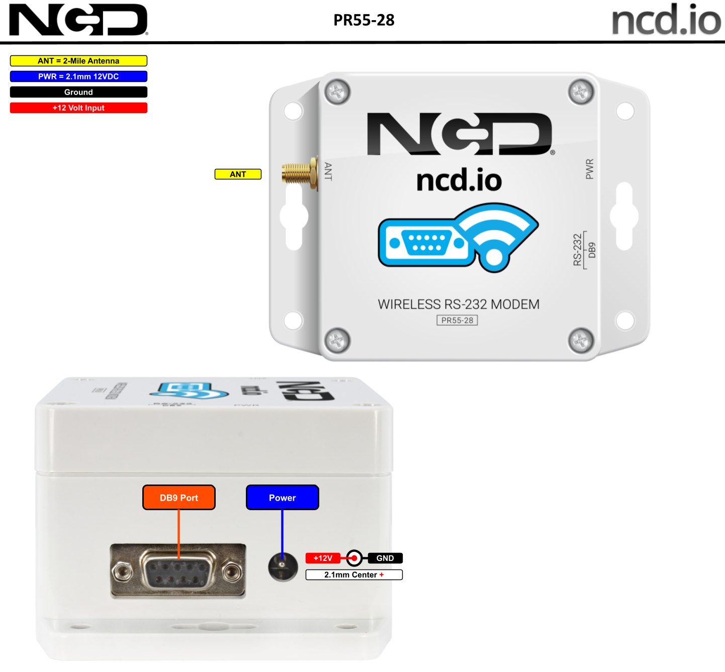 NCD PR55-28 - RS232 모뎀 본체와 전원, 직렬 포트 연결부 설명도