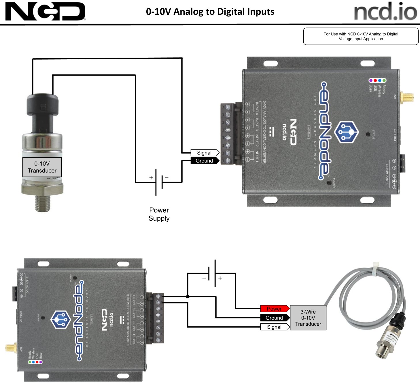 NCD ASM1-6 - 0-10V 센서를 무선 모듈에 연결하는 배선 구성도