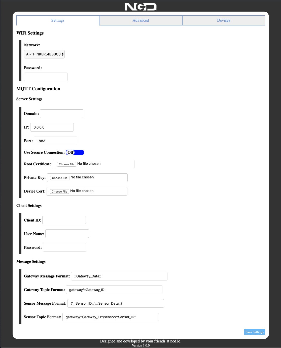 NCD PR55-21_MQTT - 게이트웨이의 WiFi와 MQTT 서버 설정 웹 화면
