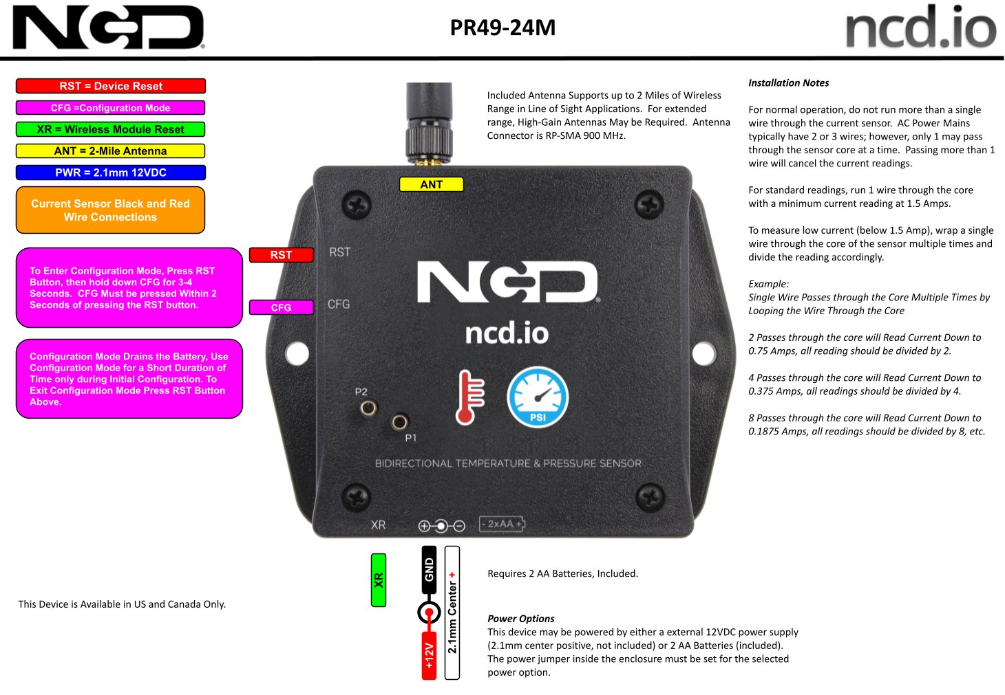 NCD PR49-24M - 무선 센서 본체의 단자와 표시등 위치를 설명한 모습