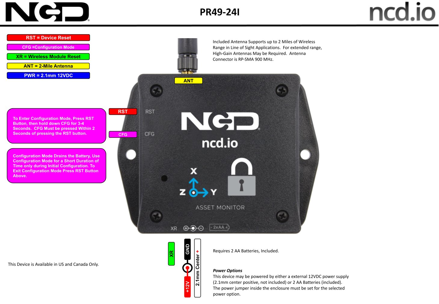 NCD PR49-24I - 무선 센서 본체의 단자와 표시등 위치를 설명한 모습