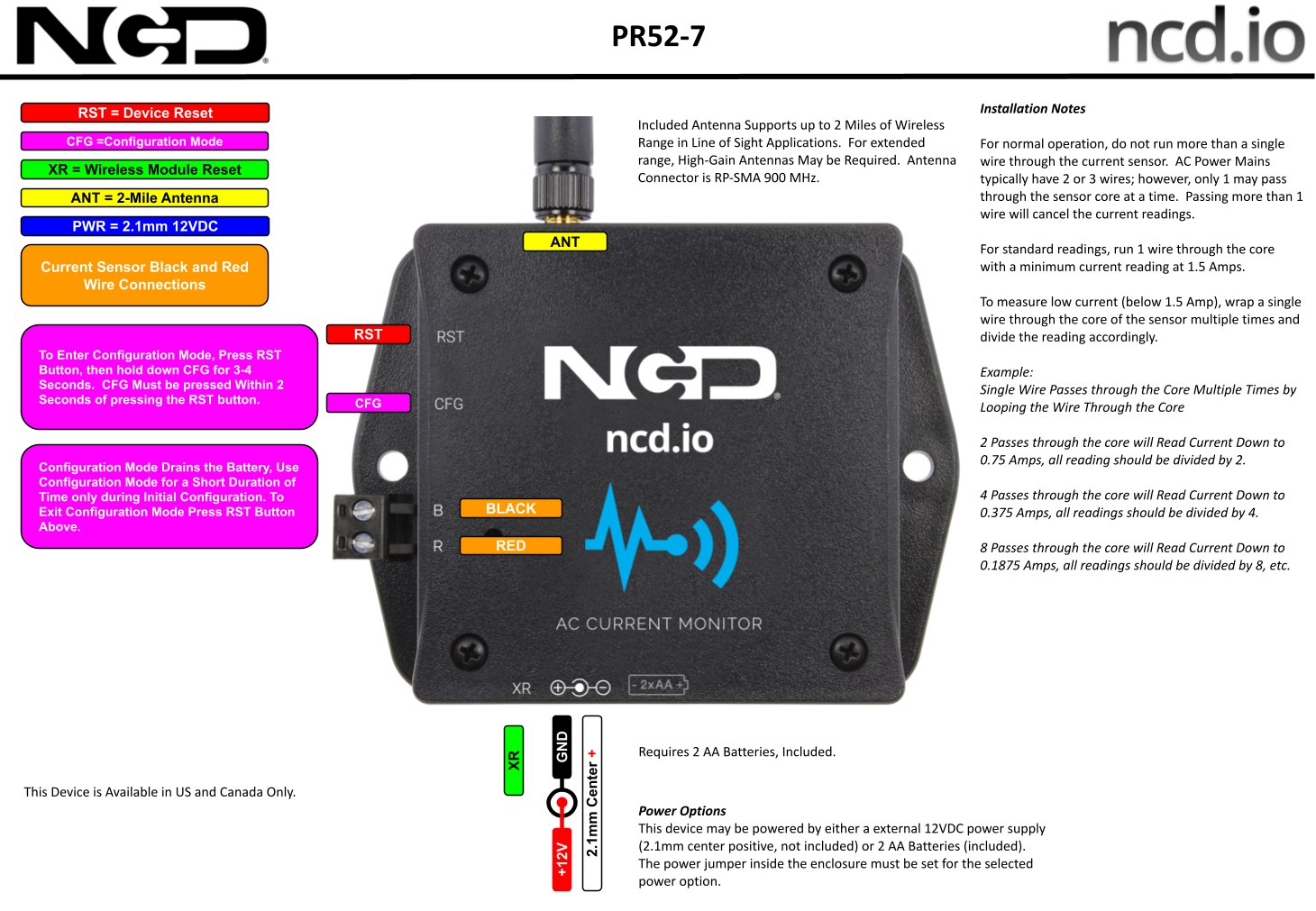 NCD PR52-7 - 무선 센서 본체의 단자와 표시등 위치를 설명한 모습