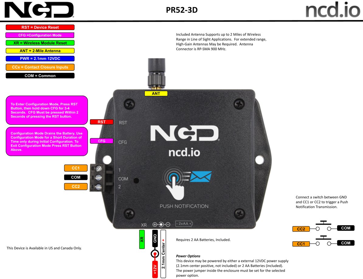 NCD PR52-18_DI - 무선 센서 본체의 단자와 표시등 위치를 설명한 모습