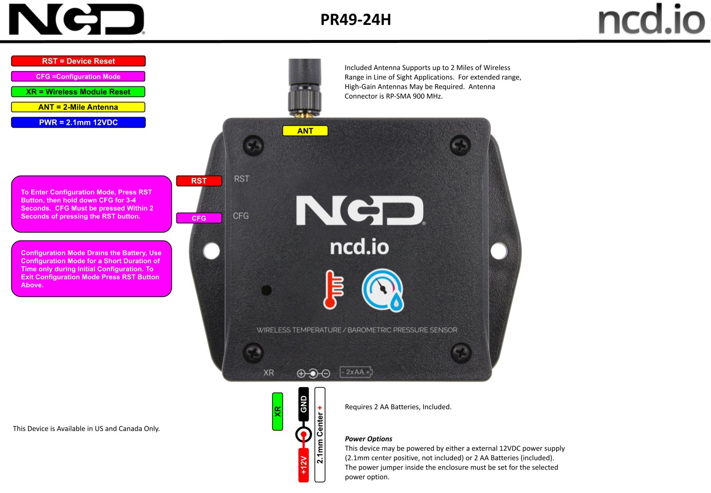 NCD PR49-24H - 무선 센서 본체의 단자와 표시등 위치를 설명한 모습