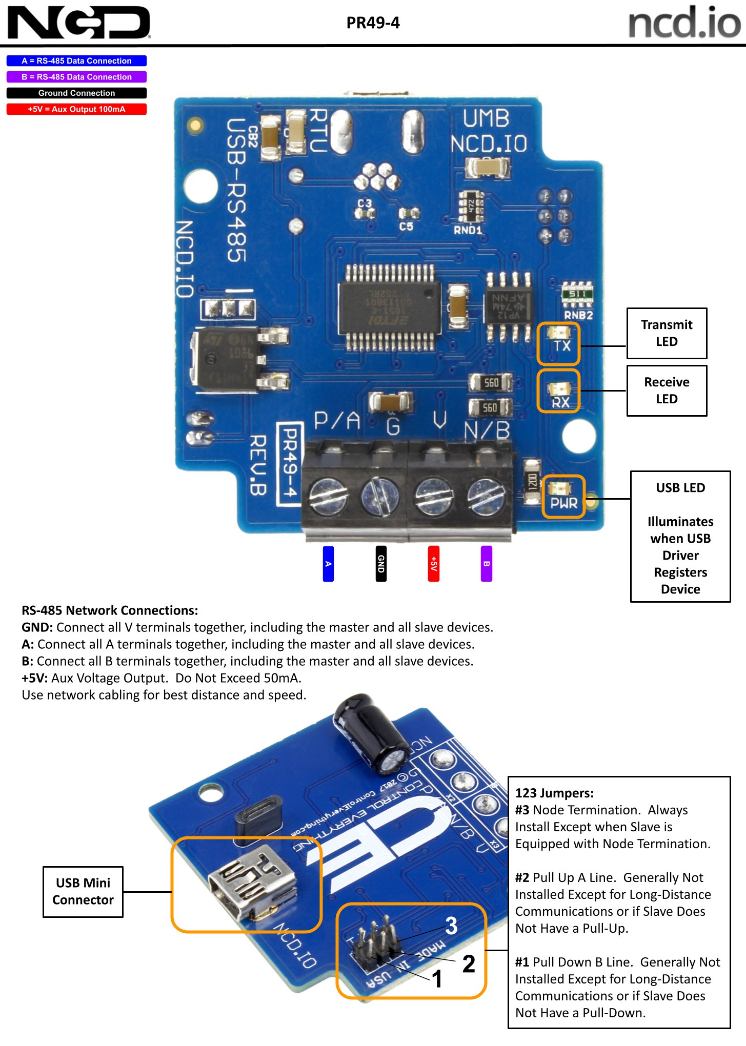 NCD PR49-4 - USB-RS-485 컨버터의 단자와 표시등 위치 설명도