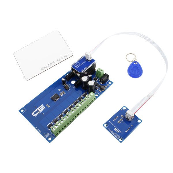 NCD PR32-21 - RFID 수신기와 카드, 키 태그가 함께 놓인 구성품