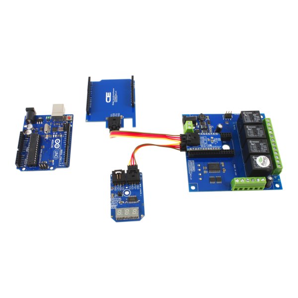 NCD 4 채널 범용 SPDT 릴레이 실드 + 4 GPIO (IoT 인터페이스 포함) - 릴레이 보드, 아두이노, 표시 모듈을 케이블로 연결한 구성