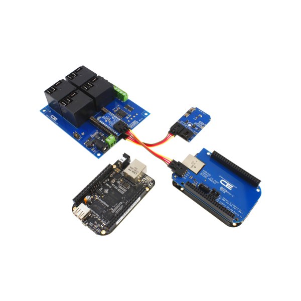 NCD 4 채널 DPDT 신호 릴레이 실드 + 4 GPIO (IoT 인터페이스 포함) - 릴레이 보드를 케이블로 개발 보드에 연결한 모습