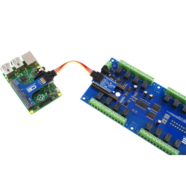 NCD 24 채널 1Amp SPDT 신호 릴레이 실드 + 8 개의 GPIO (IoT 인터페이스 포함) - 릴레이 보드를 케이블로 라즈베리 파이에 연결한 모습