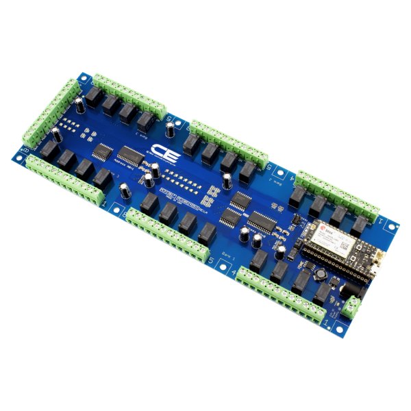 NCD 24 채널 1Amp SPDT 신호 릴레이 실드 + 8 개의 GPIO (IoT 인터페이스 포함) - 릴레이와 녹색 단자대가 늘어선 24채널 보드 전체 모습