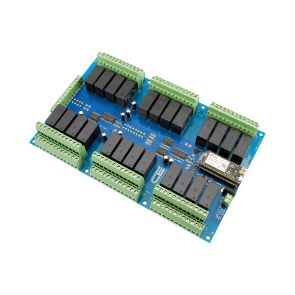 NCD 24 채널 DPDT 신호 릴레이 실드 + 8 개의 GPIO (IoT 인터페이스 포함) - 릴레이와 녹색 단자대, 무선 모듈이 실장된 보드