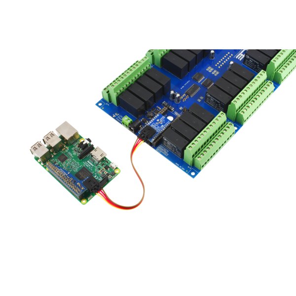 NCD 24 채널 DPDT 신호 릴레이 실드 + 8 개의 GPIO (IoT 인터페이스 포함) - 릴레이 보드를 케이블로 라즈베리 파이에 연결한 모습