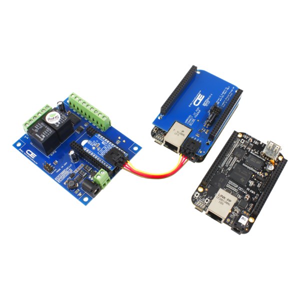 NCD 2 채널 범용 SPDT 릴레이 실드 + IoT 인터페이스가있는 GPIO 6 개 - 릴레이 보드를 케이블로 개발 보드에 연결한 모습