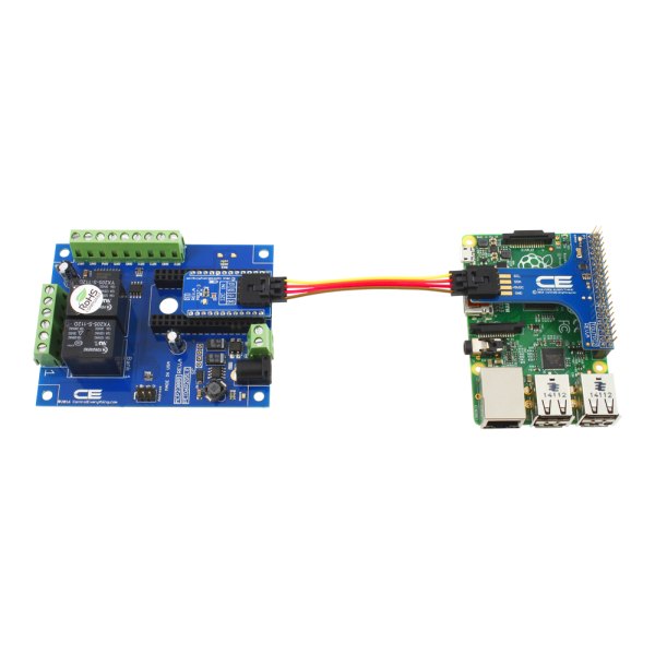 NCD 2 채널 범용 SPDT 릴레이 실드 + IoT 인터페이스가있는 GPIO 6 개 - 릴레이 보드를 케이블로 라즈베리 파이에 연결한 모습