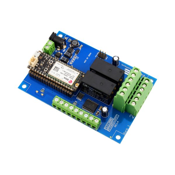 NCD 2 채널 DPDT 신호 릴레이 실드 + 6 개의 GPIO (IoT 인터페이스 포함) - 무선 모듈과 릴레이, 녹색 단자대가 실장된 보드