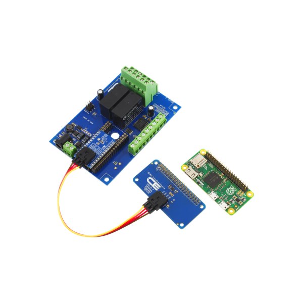 NCD 2 채널 DPDT 신호 릴레이 실드 + 6 개의 GPIO (IoT 인터페이스 포함) - 릴레이 보드를 케이블로 라즈베리 파이 제로에 연결한 모습