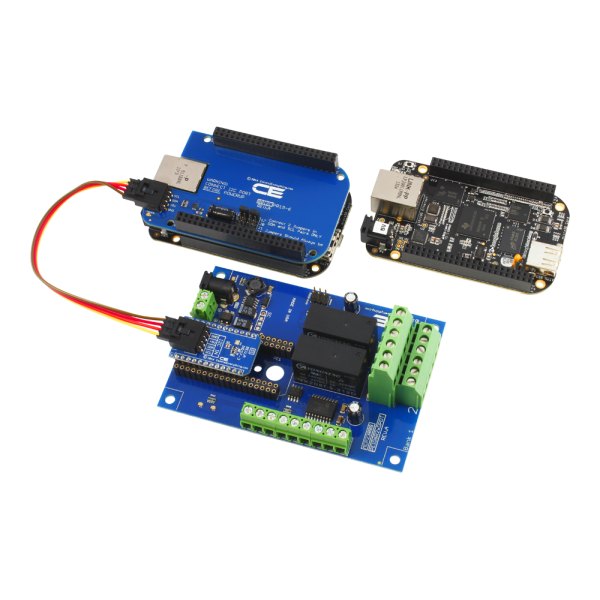 NCD 2 채널 DPDT 신호 릴레이 실드 + 6 개의 GPIO (IoT 인터페이스 포함) - 릴레이 보드를 케이블로 개발 보드에 연결한 모습