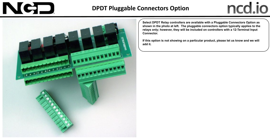 NCD 1 채널 DPDT 신호 릴레이 실드 + 7 GPIO (IoT 인터페이스 포함) - 탈착식 커넥터 옵션이 적용된 릴레이 보드 모습