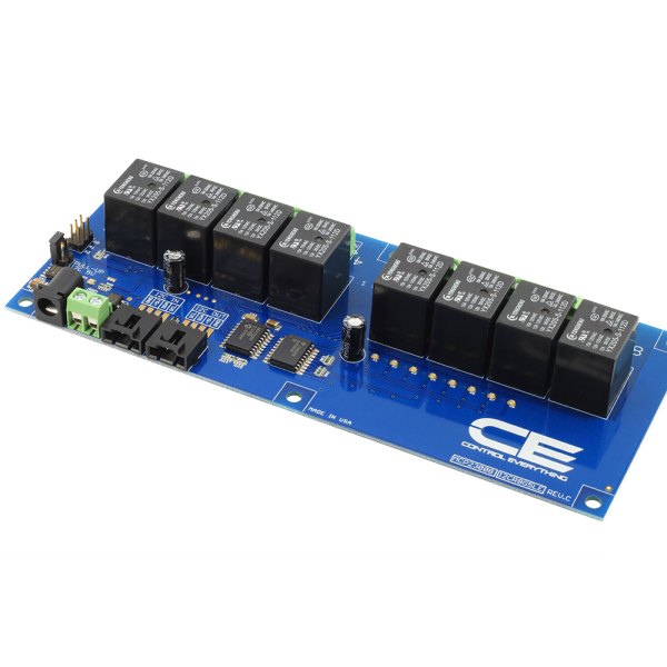NCD I2C 인터페이스가있는 8 채널 범용 SPDT 릴레이 컨트롤러 - 릴레이 8개와 전원 커넥터가 실장된 릴레이 보드