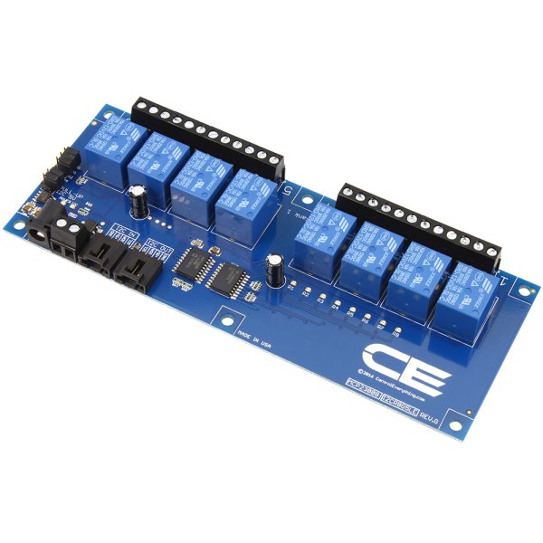 NCD I2C 인터페이스가있는 8 채널 범용 SPDT 릴레이 컨트롤러 - 파란 릴레이 8개와 검정 단자대가 있는 릴레이 보드