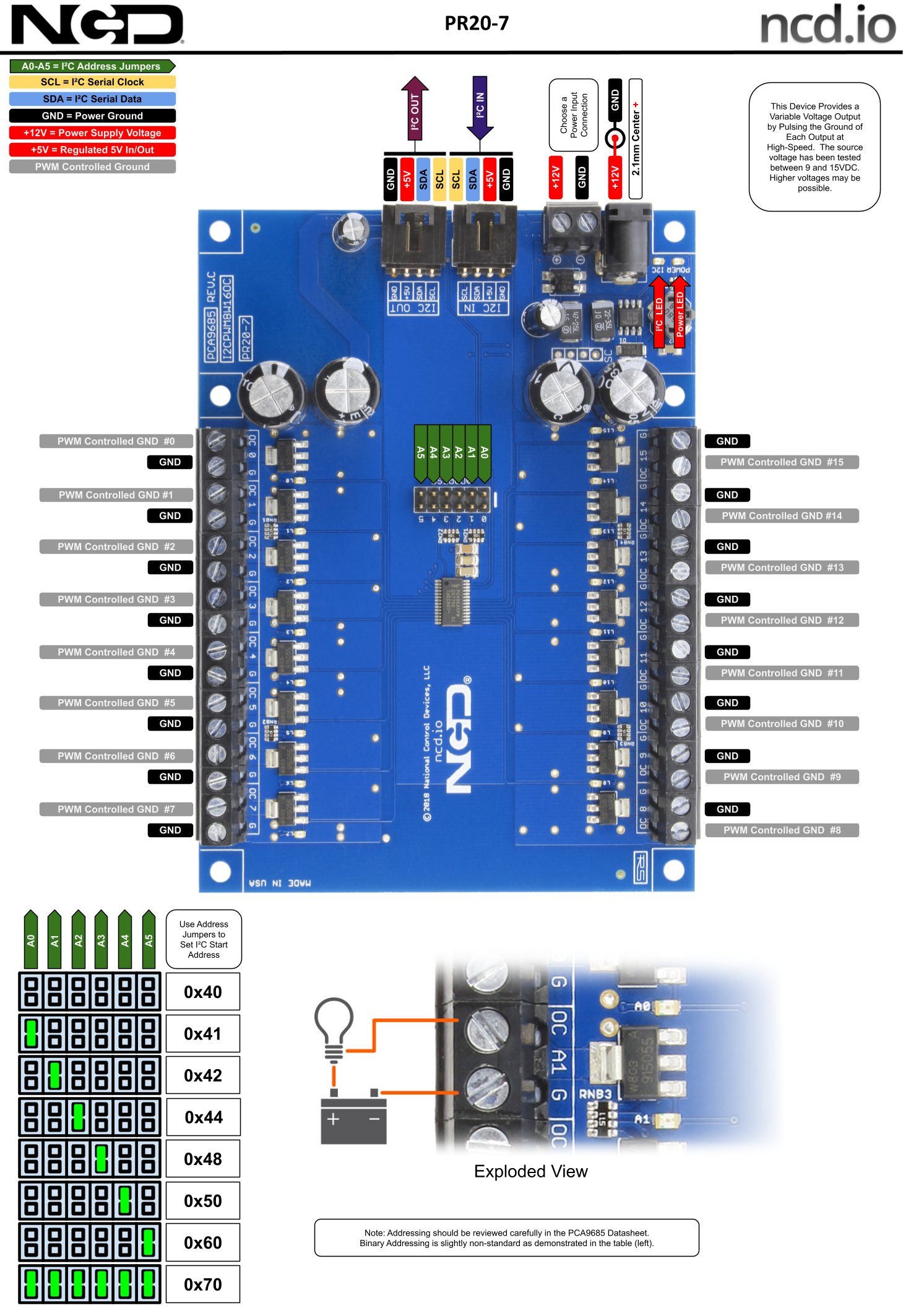 NCD PR20-7 - PWM 드라이버 기판의 I2C 주소와 단자 설명도